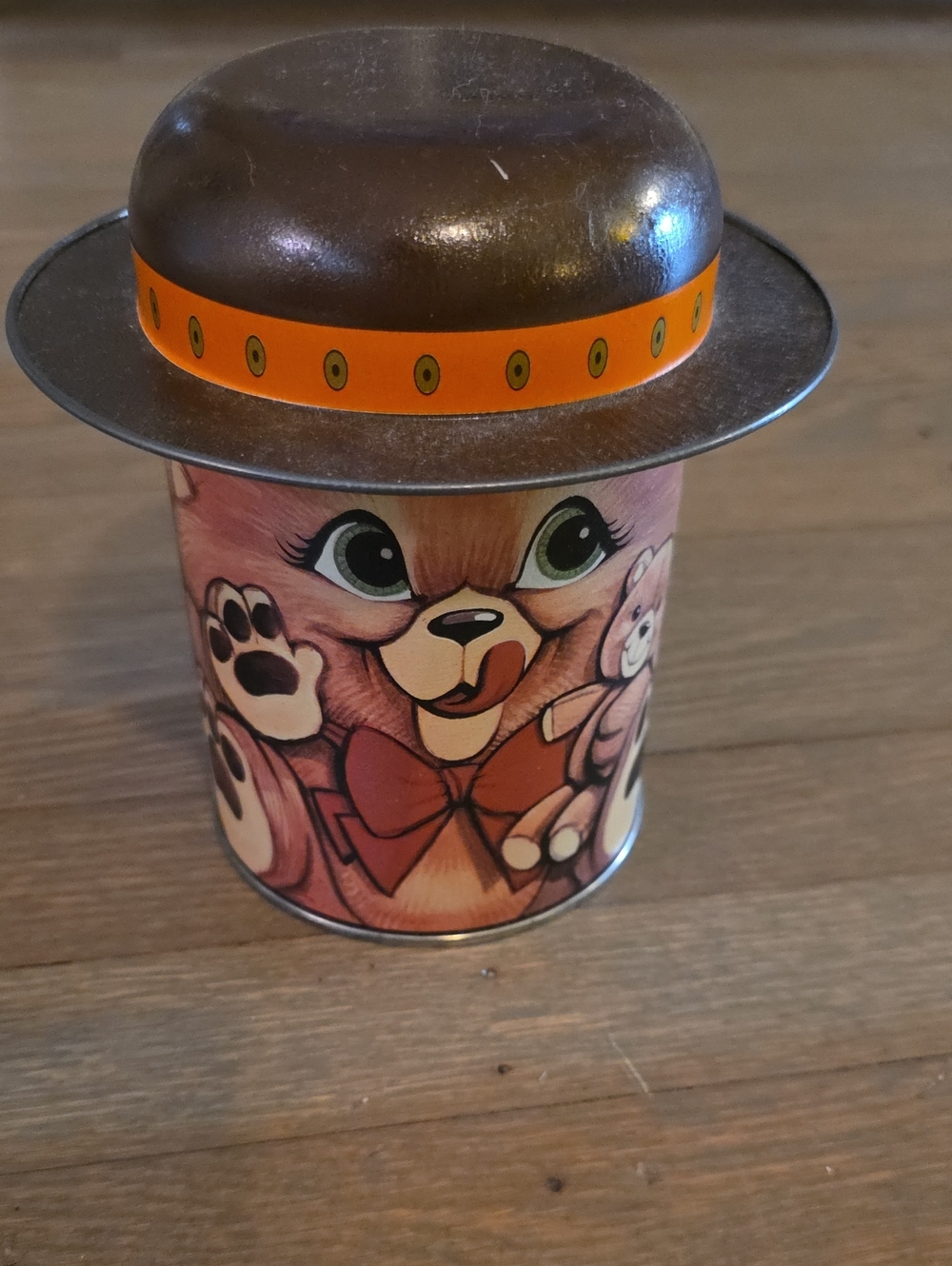 Bear Tin with Brown Hat and Orange Band Vintage 1990's